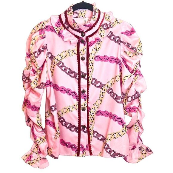 LA'ROS COLLECTIONS RUFFLED PINK & BURGUNDY RUCHED SLEEVE BLOUSE - SIZE S - Picture 1 of 8